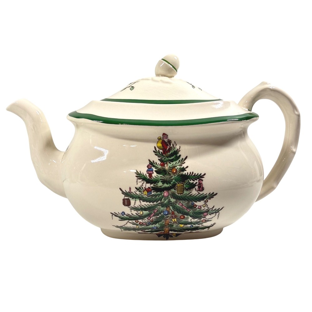 Spode Christmas Tree Teapot England S3324 Green Trim Holiday Tea Pot Vintage 10"